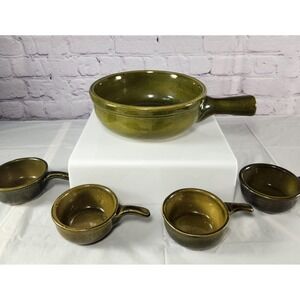 1930s France DUROFEU Vintage Ceramic Casserole Dish Fondue Bowls Olive Avocado